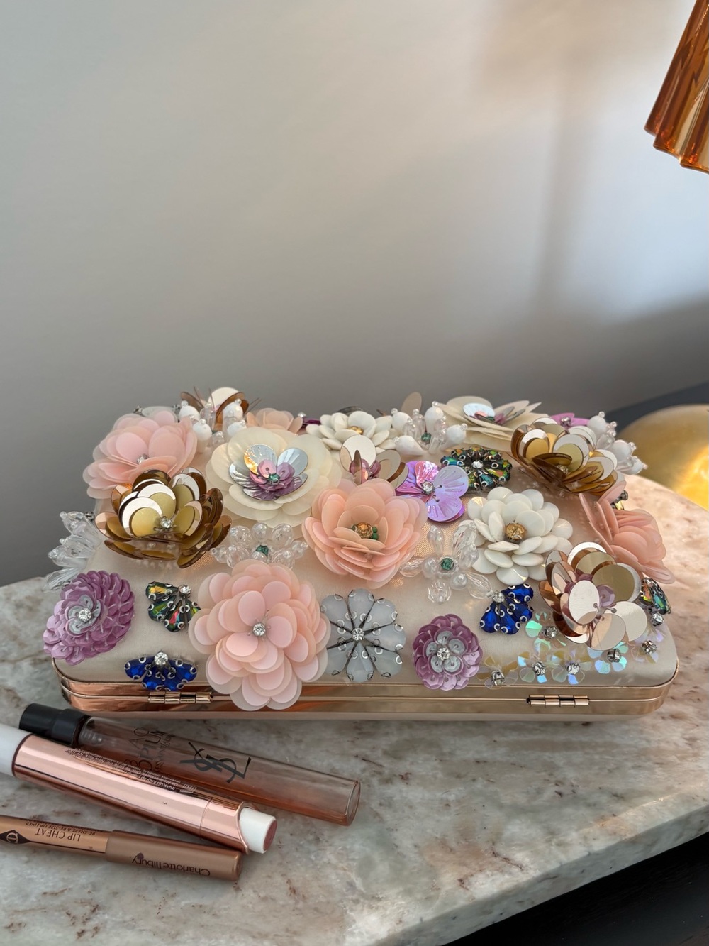 Floral Embellished Women's Clutch - Pink & Gold
